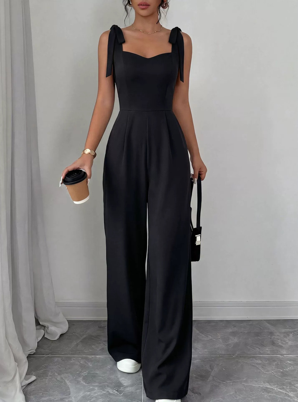 H&M Solid Square Neck Sleeveless Strap Long Jumpsuit